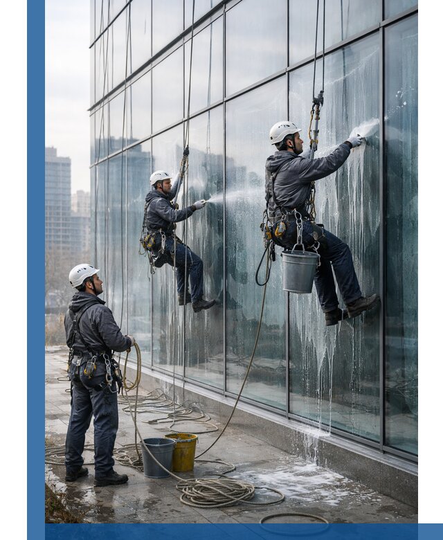 Промышленная мойка панорамных окон на высоте в Анжере-Судженске