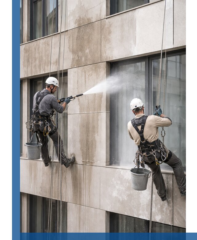 Послестроительная мойка фасада промышленным альпинизмом в Анжере-Судженске