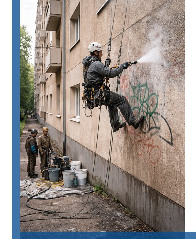 Удаление граффити с фасада в Анжере-Судженске без следов и повреждений