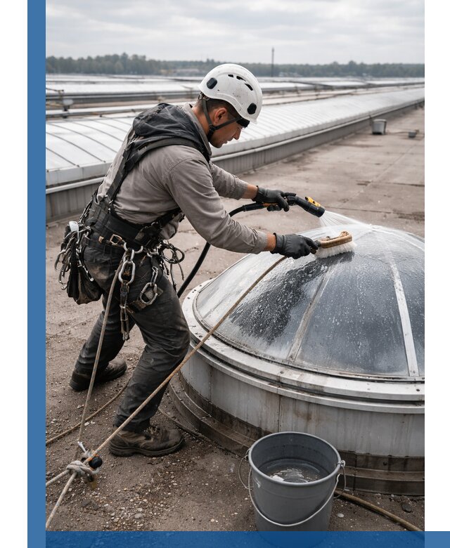 Мойка зенитных фонарей на кровле для промышленных объектов в Анжере-Судженске