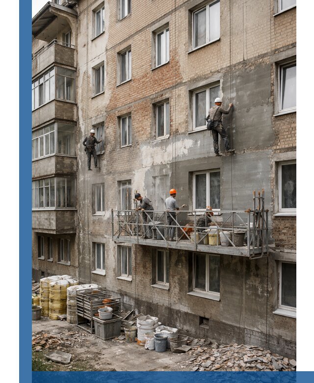 Капитальный ремонт фасада в Анжере-Судженске с восстановлением и гидроизоляцией