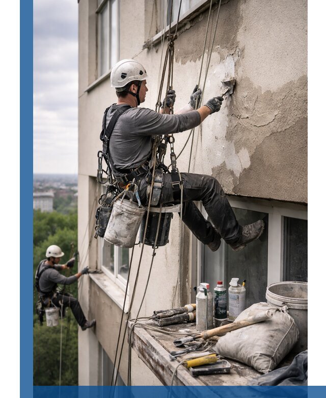 Косметический ремонт фасада зданий в Анжере-Судженске промышленными альпинистами