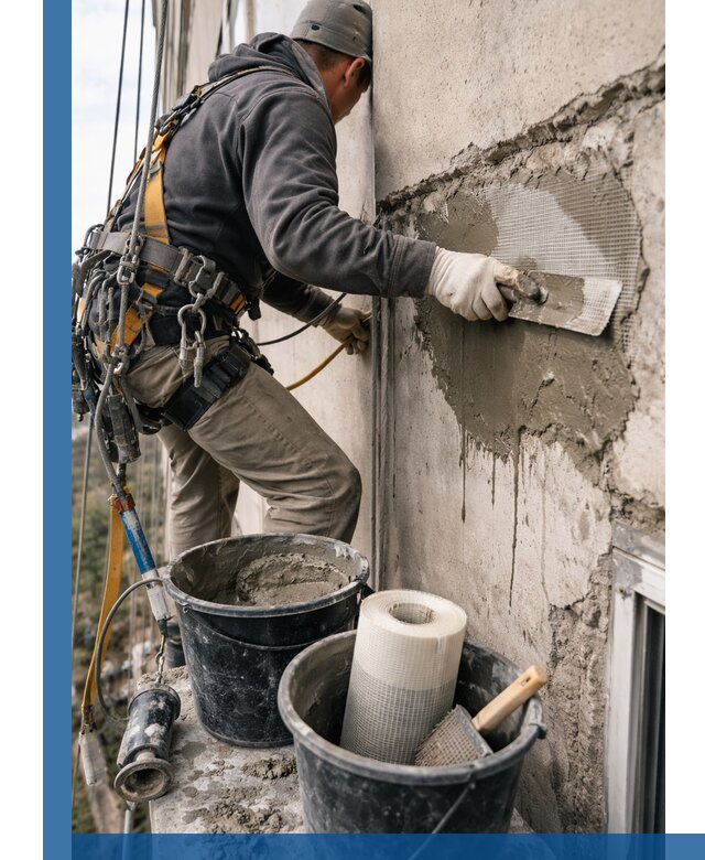 Ремонт бетонных элементов фасада промышленными альпинистами в Анжере-Судженске