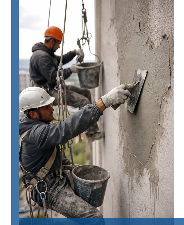 Штукатурка фасада на высоте в Анжере-Судженске профессиональные работы