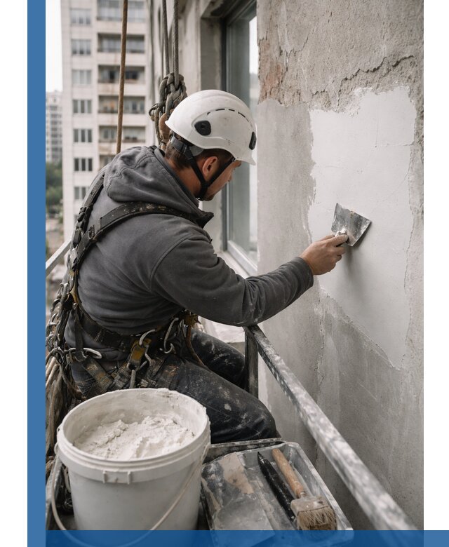 Шпаклевка фасадов на высоте с промальпинистами в Анжере-Судженске