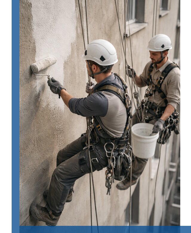 Грунтовка фасада на высоте в Анжере-Судженске промышленными альпинистами