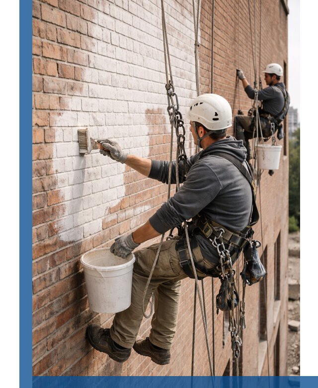Покраска кирпичного фасада с доступным альпинистским сервисом в Анжере-Судженске