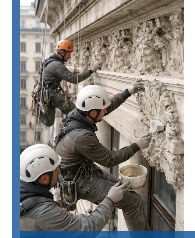 Реставрация фасадной лепнины с высотными работами в Анжере-Судженске