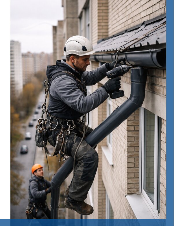 Монтаж водосточной системы на здании в Анжере-Судженске от 5129 р. | ВЫСОТНИК-Нжр