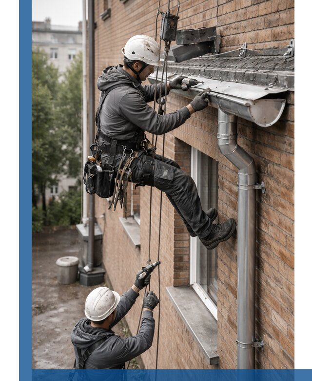 Монтаж водосточной системы на здании в Анжере-Судженске под ключ