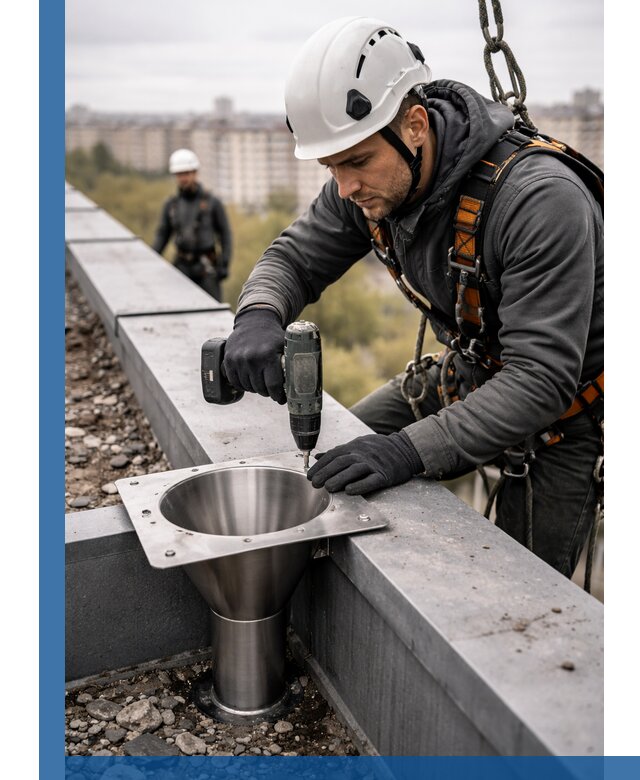 Монтаж водосточных воронок в Анжере-Судженске для промышленных зданий