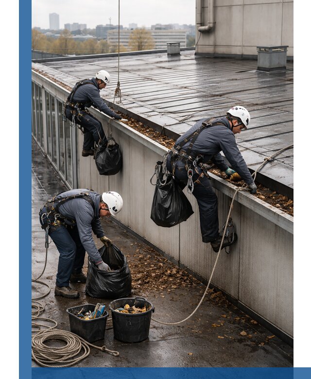 Очистка кровли по периметру в Анжере-Судженске силами промышленных альпинистов