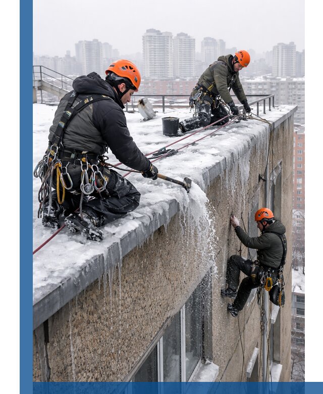 Удаление наледи с кровли в Анжере-Судженске промышленными альпинистами