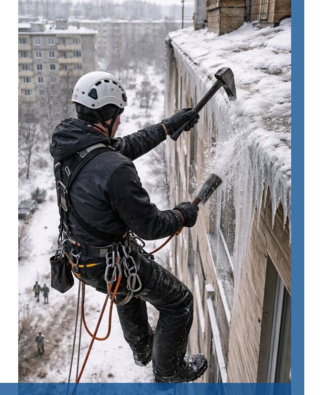 Сбивание сосулек с крыши в Анжере-Судженске по цене от 4616 р. | ВЫСОТНИК-Нжр