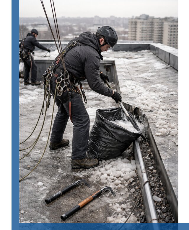 Аварийная очистка кровли в Анжере-Судженске от промальпинистов