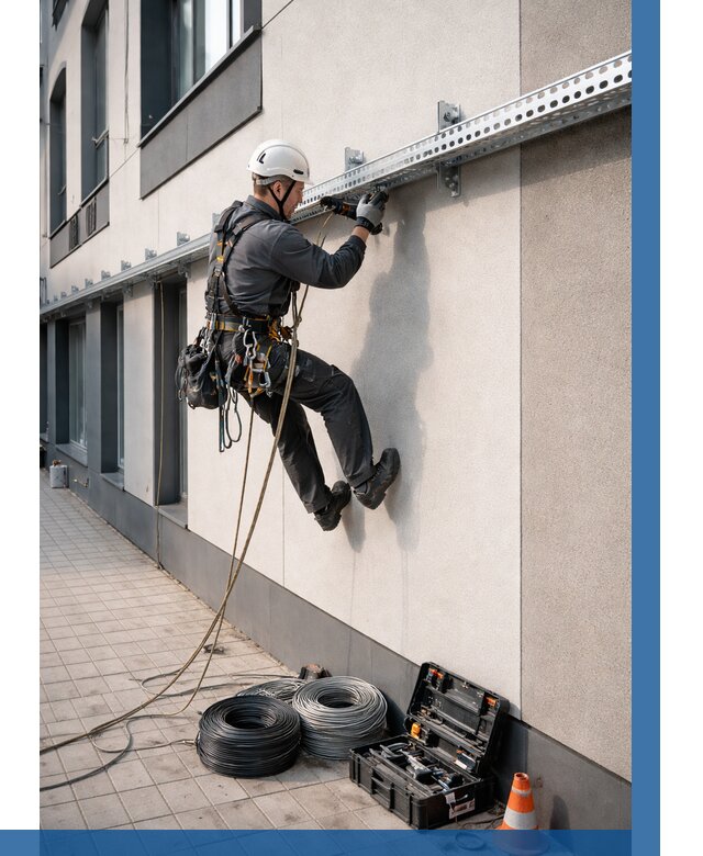 Монтаж кабельных лотков на фасаде в Анжере-Судженске от 1231 р. | ВЫСОТНИК-Нжр