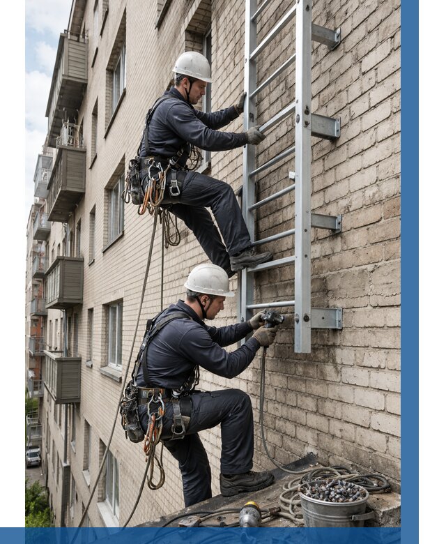 Монтаж пожарной лестницы в Анжере-Судженске от 25643 р заказать у ВЫСОТНИК-Нжр
