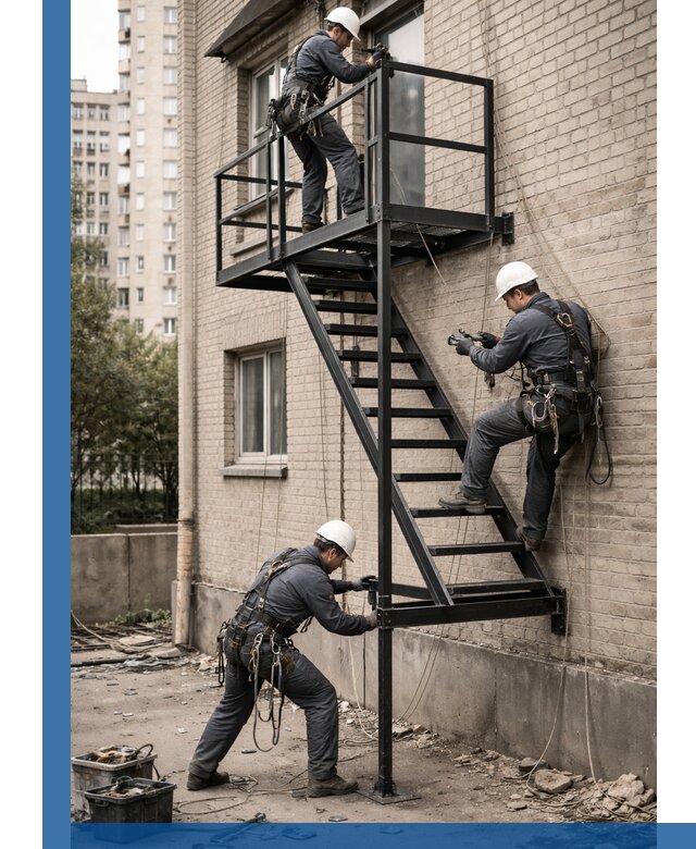 Монтаж пожарной лестницы в Анжере-Судженске, установка и крепление