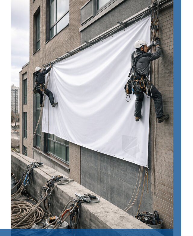 Монтаж баннеров на фасаде в Анжере-Судженске от 667 р. заказать ВЫСОТНИК-Нжр