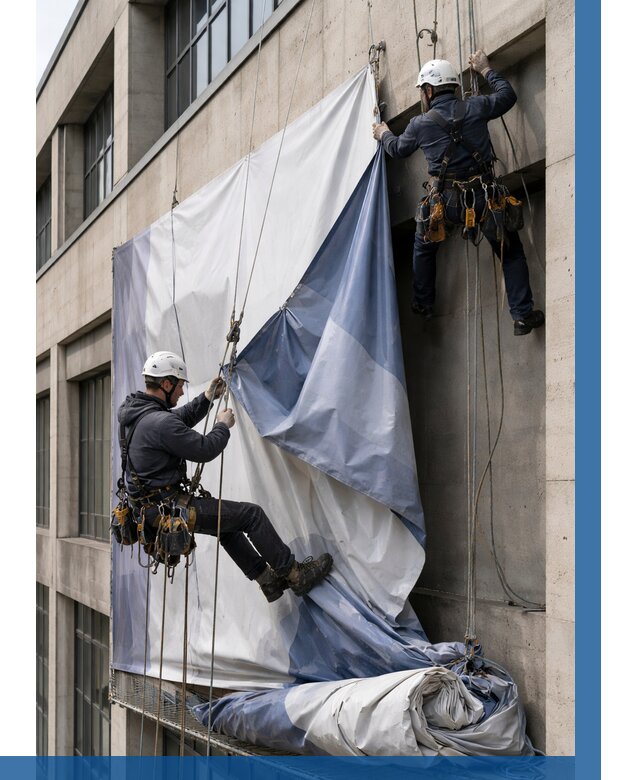 Демонтаж баннеров с фасада в Анжере-Судженске от 4616 р. | ВЫСОТНИК-Нжр