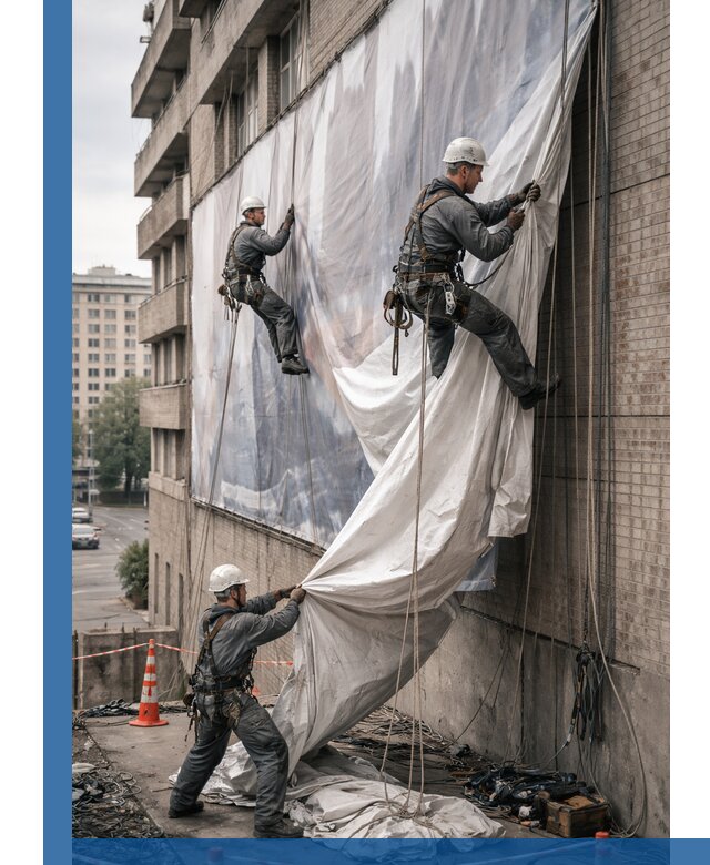 Демонтаж баннеров с фасада в Анжере-Судженске оперативно и безопасно
