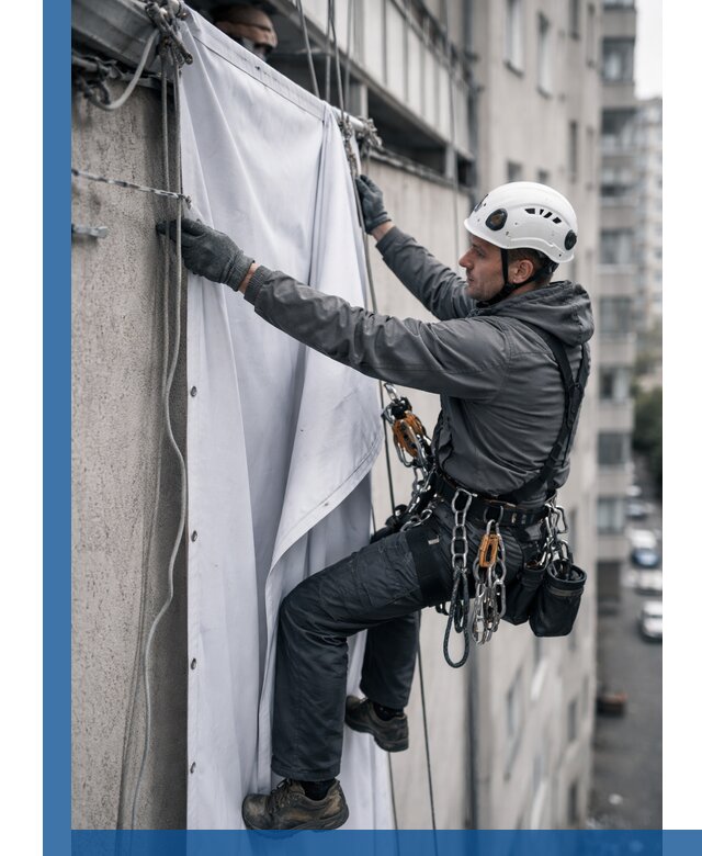 Замена баннерного полотна промышленными альпинистами в Анжере-Судженске