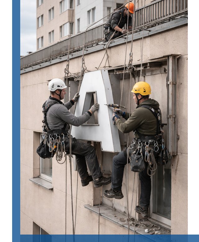 Ремонт и восстановление наружных вывесок на высоте в Анжере-Судженске