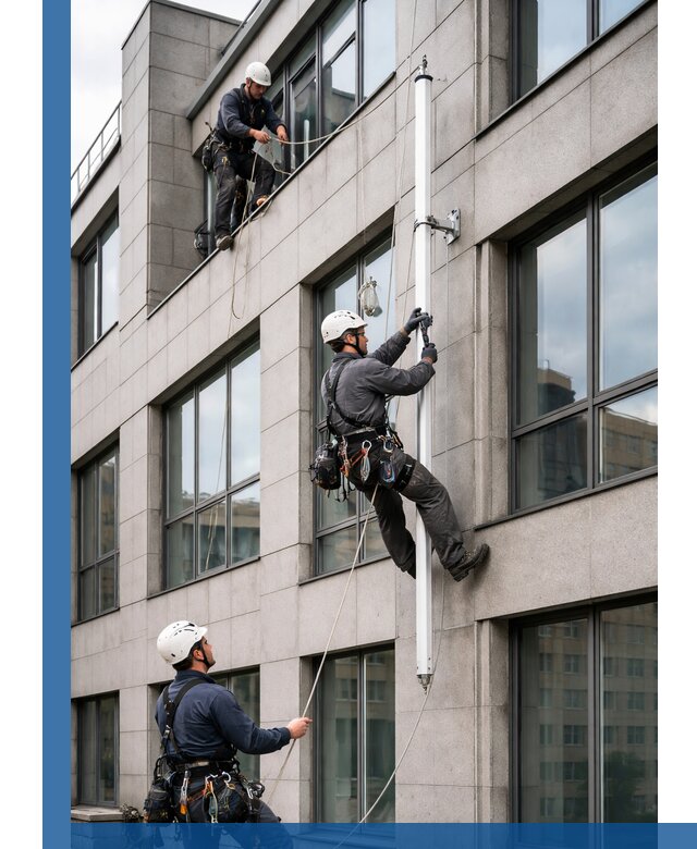 Монтаж флагштока на фасаде здания с креплением и герметикой в Анжере-Судженске