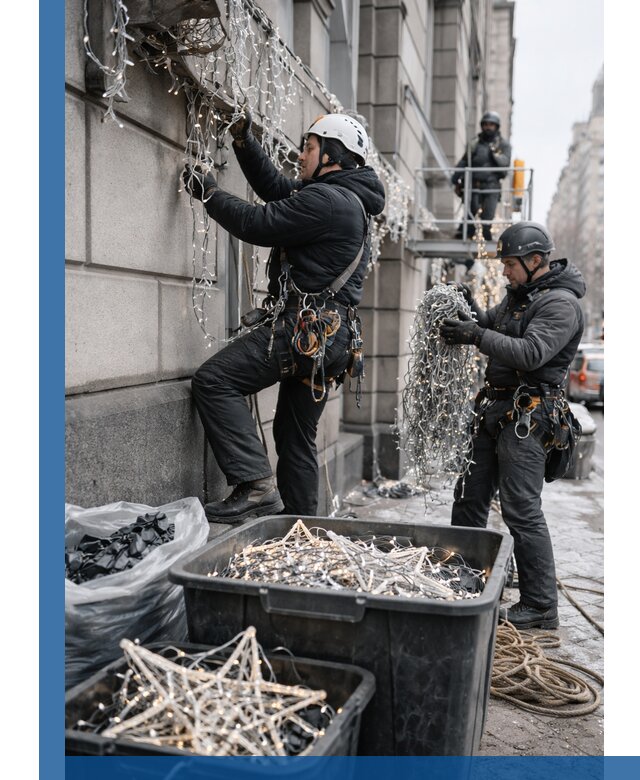 Демонтаж новогоднего оформления и гирлянд в Анжере-Судженске