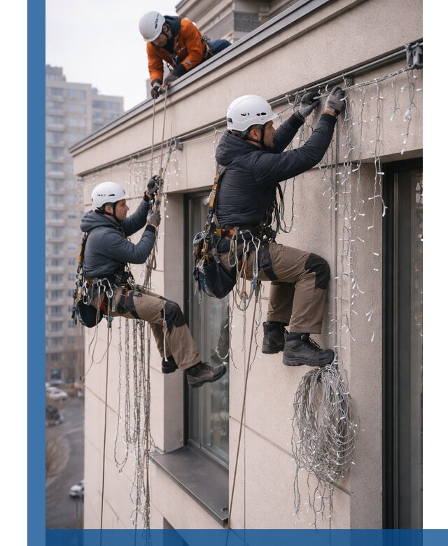 Монтаж праздничных гирлянд на фасаде в Анжере-Судженске для зданий