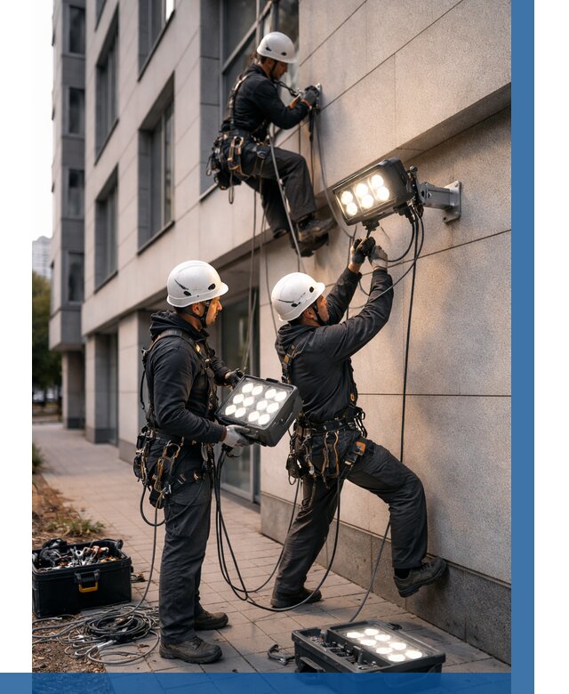 Монтаж прожекторов на фасаде в Анжере-Судженске от 7693 р. | ВЫСОТНИК-Нжр