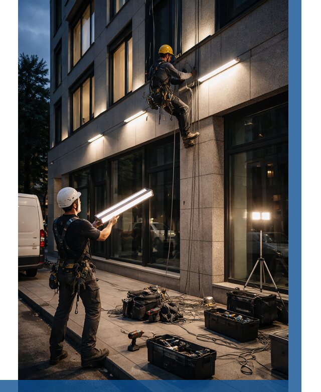 Монтаж архитектурной подсветки здания в Анжере-Судженске от 2564 р.|ВЫСОТНИК-Нжр