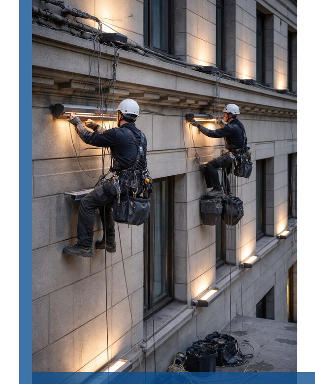 Монтаж архитектурной подсветки фасадов зданий в Анжере-Судженске