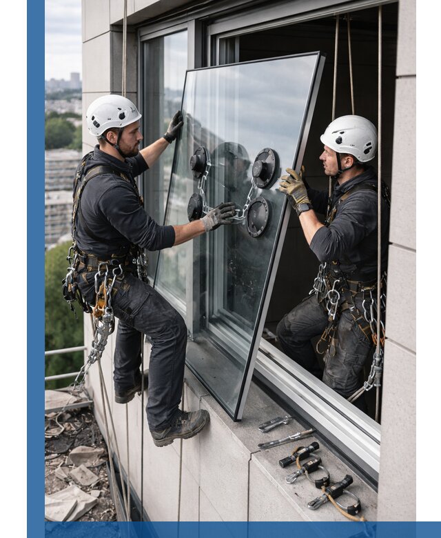 Замена стеклопакетов на высоте с промышленными альпинистами в Анжере-Судженске