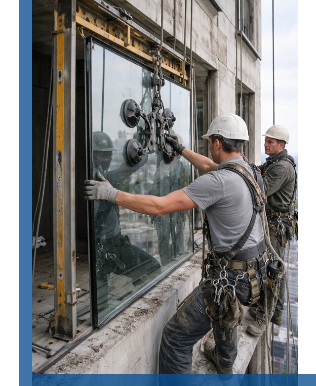 Монтаж стеклопакетов на высоте в Анжере-Судженске с промышленным альпинизмом