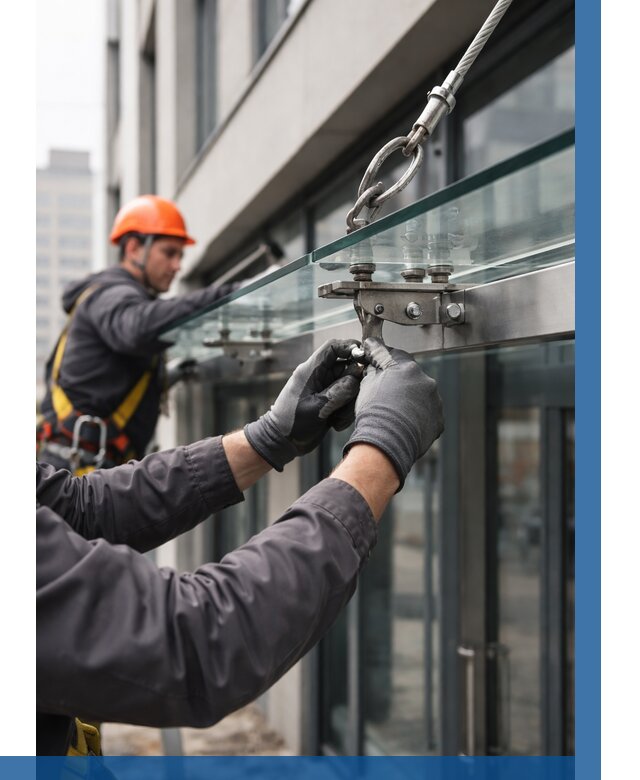 Монтаж стеклянных козырьков в Анжере-Судженске от 8718 р. | ВЫСОТНИК-Нжр