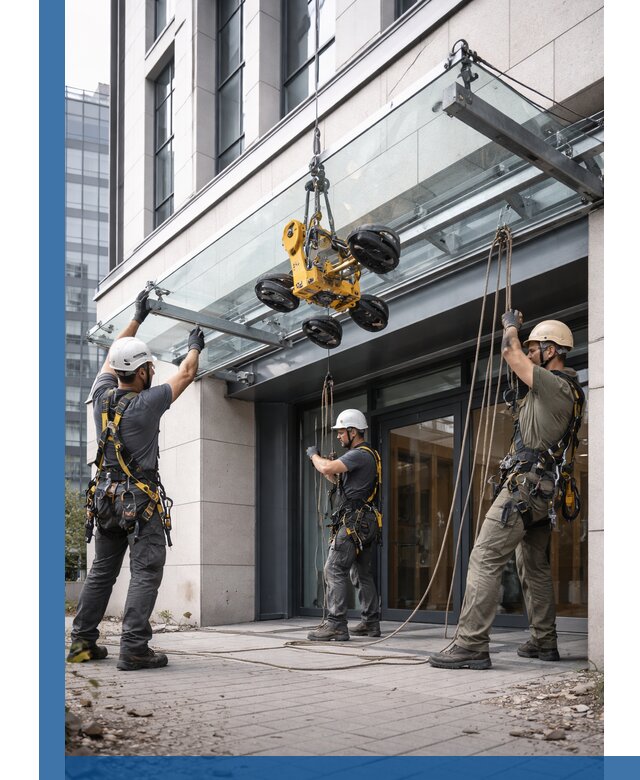 Монтаж стеклянных козырьков под ключ в Анжере-Судженске для зданий