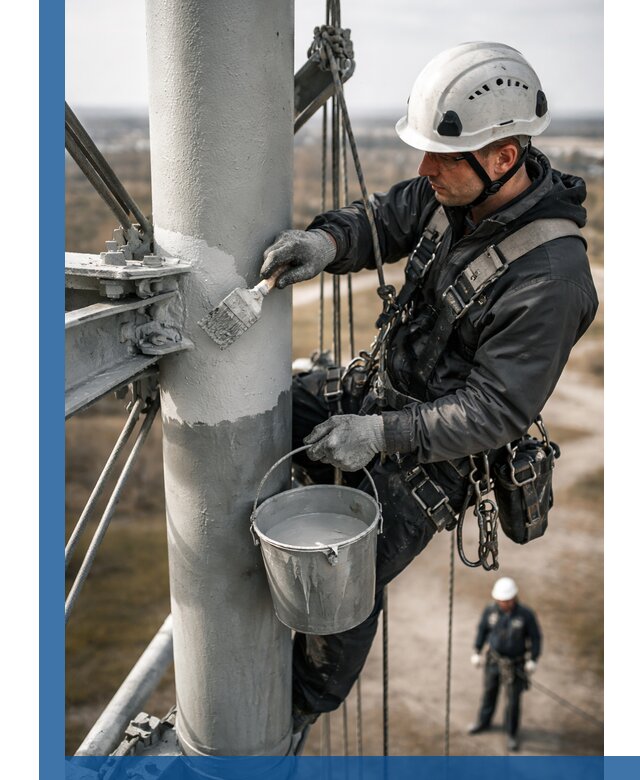 Покраска мачт связи в Анжере-Судженске промышленными альпинистами