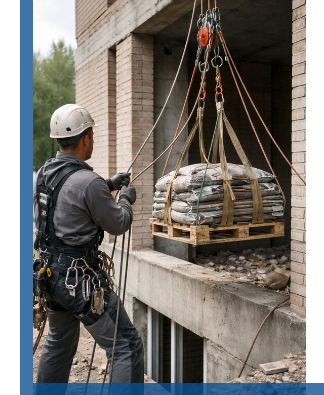 Подъем материалов на этаж веревками в Анжере-Судженске оперативно