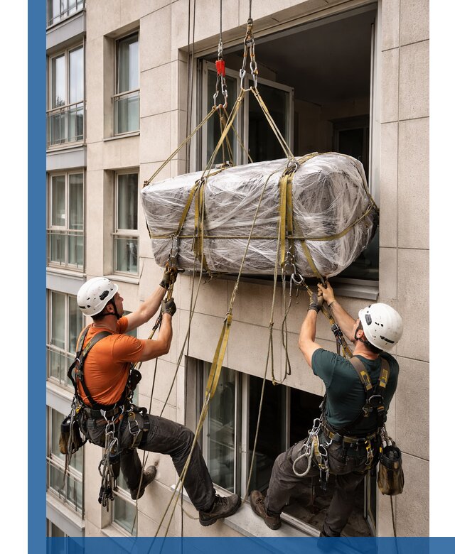Подъем грузов через окно в Анжере-Судженске промышленными альпинистами