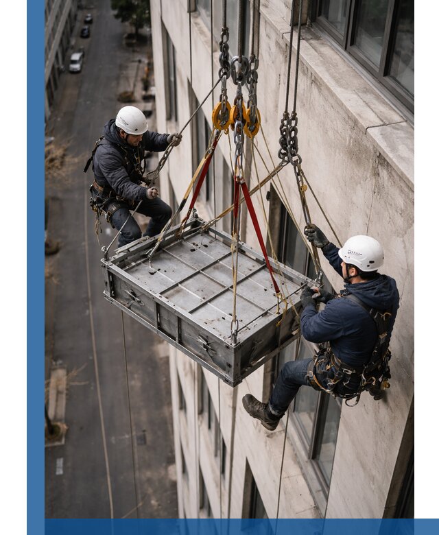 Спуск и подъем грузов по фасаду в Анжере-Судженске для зданий