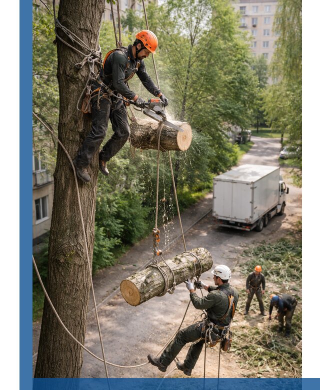 Спил деревьев альпинистами в Анжере-Судженске, безопасно и без повреждений