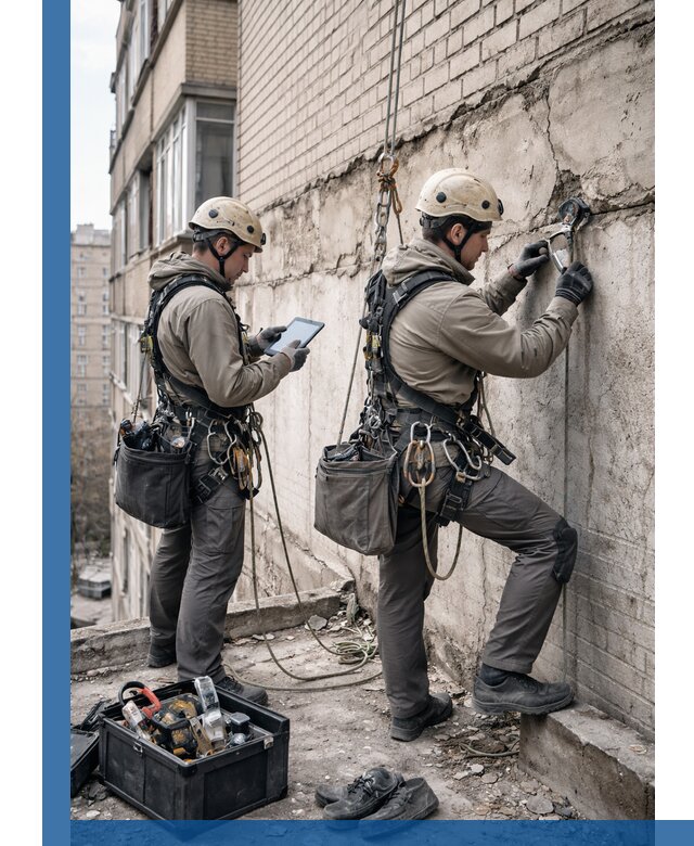 Обследование фасада промышленными альпинистами в Анжере-Судженске